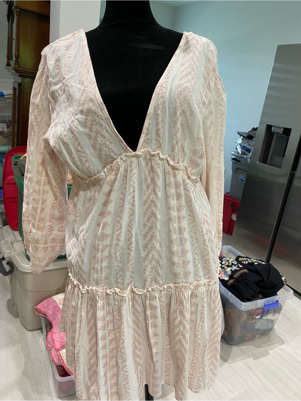 blue island Pale Pink Deep V Boho Tiered Mini Dress
